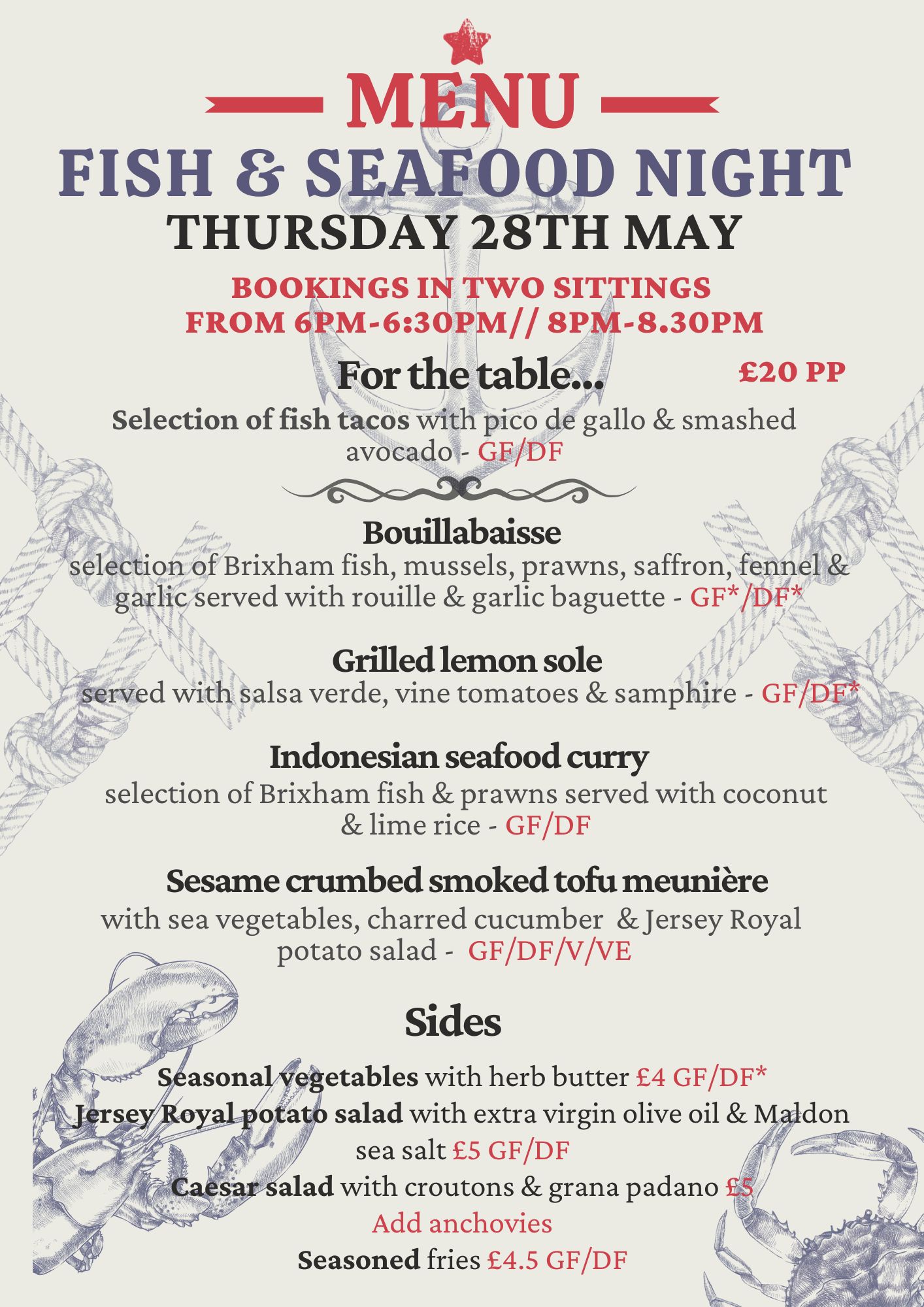 Seafood Night Menu May